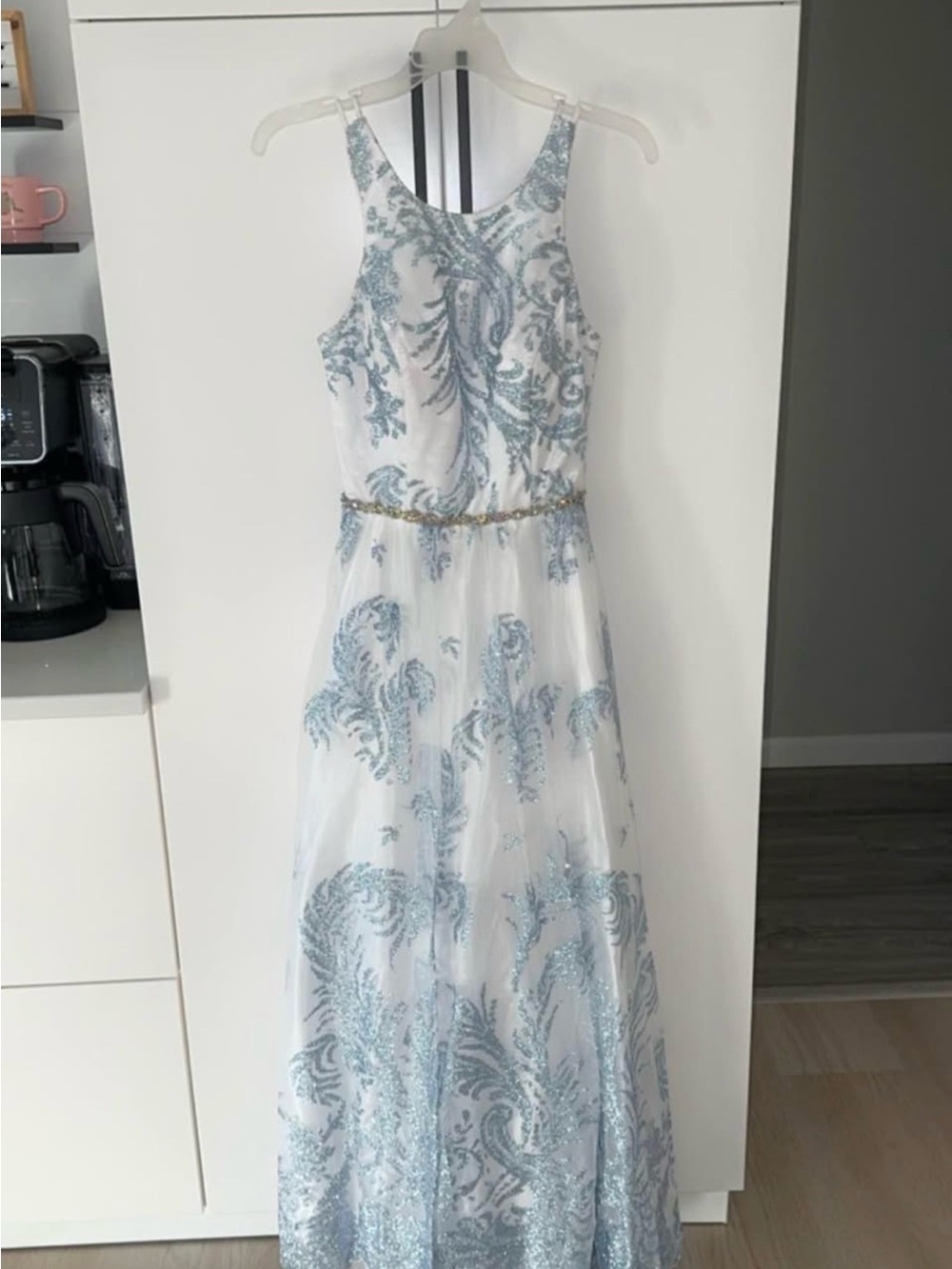 Cachet White and Light Blue Sequin Prom Dress